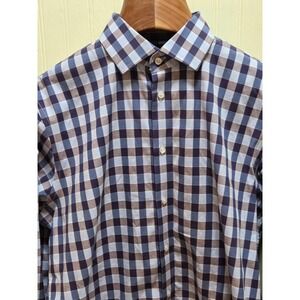 Calibrate Shirt Mens 15.5 34-35 Blue Brown Check‎ Trim Fit Non Iron Long Sleeve